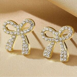 Elegant Gold Rhinestone Bow Earrings